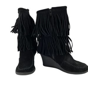 MINNETONKA Black Suede Leather Double Fringe Wedge Boots 7